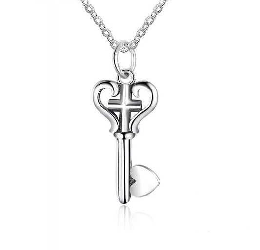 Fashion Love Key Design With Cross 925 Sterling Silver Necklace & Pendants