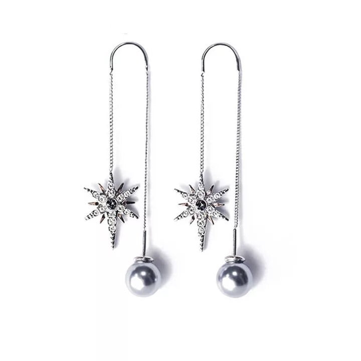 2 Sides Silver Pearl and Star Long Dropped Earrings