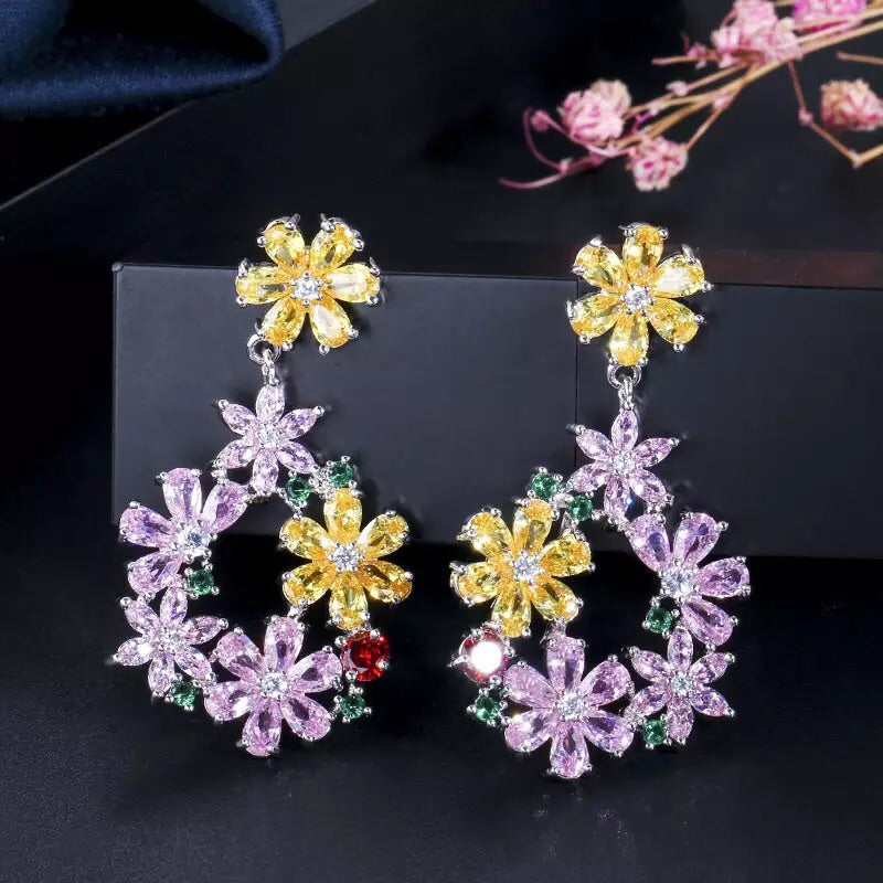 Elegant Purple Crystal Flower Ring Drop Earrings