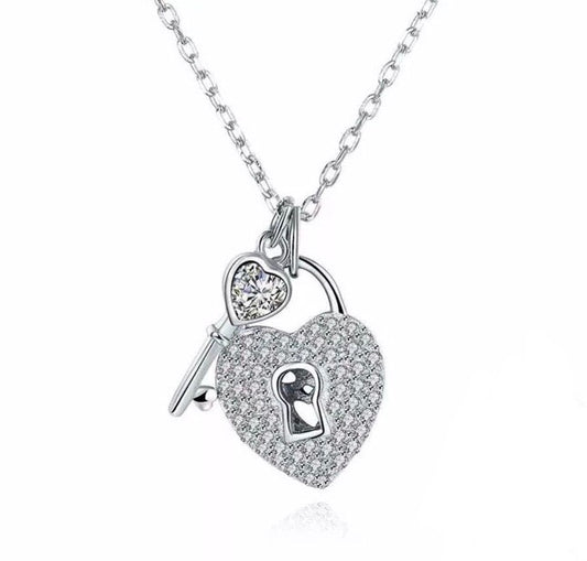 925 Sterling Silver Necklace Heart Lock & Key Design