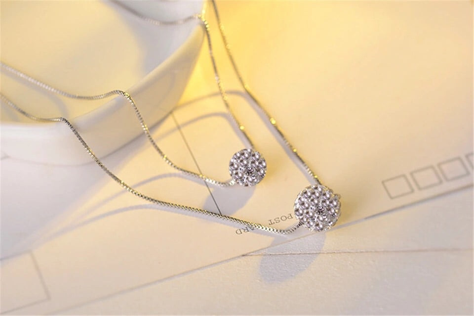 925 Sterling Silver Crystal Balls Pendants Multilayer Necklace Set