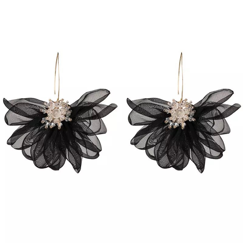 Romantic Rhinestone Lace Flower Statement Hook Earrings