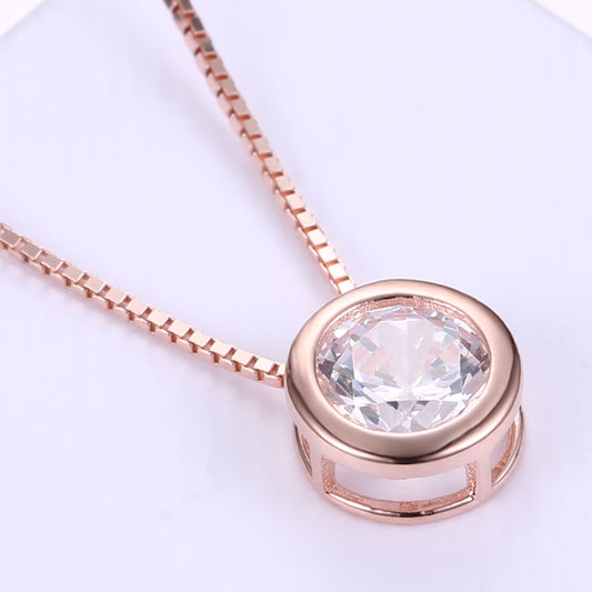 925 Sterling Silver Rose Gold Crystal Round Pendant Necklace