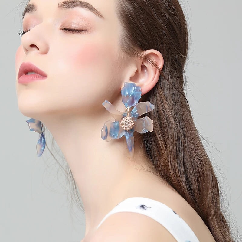 Unique Smoke Silver/ Blue Flower Statement Earrings