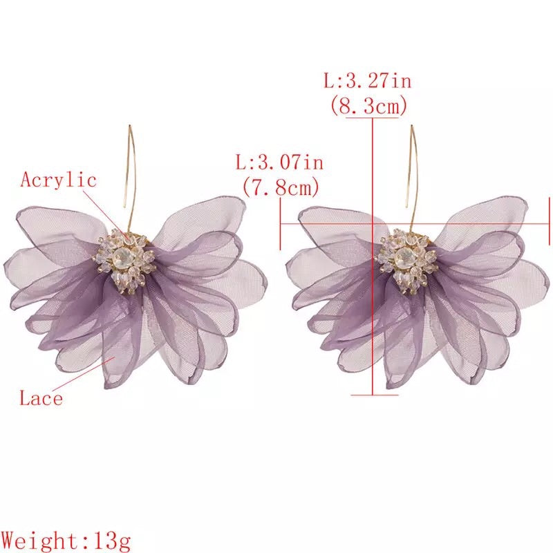 Romantic Rhinestone Lace Flower Statement Hook Earrings