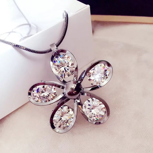 Korean Crystal Flower Shape Pendant Long Chain Necklace