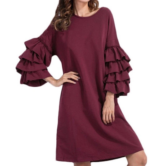 Wine Red Relax Fit Dress with Ruffles Sleeves