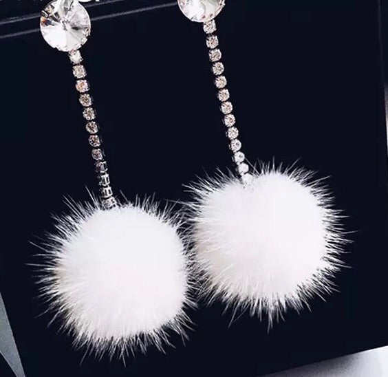 White Faux Fur Ball with Rhinestone Drop Earrings