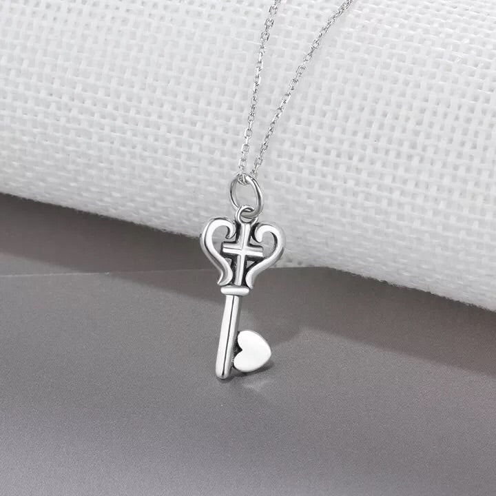 Fashion Love Key Design With Cross 925 Sterling Silver Necklace & Pendants