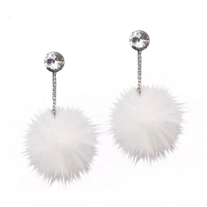 White Faux Fur Ball with Rhinestone Drop Earrings