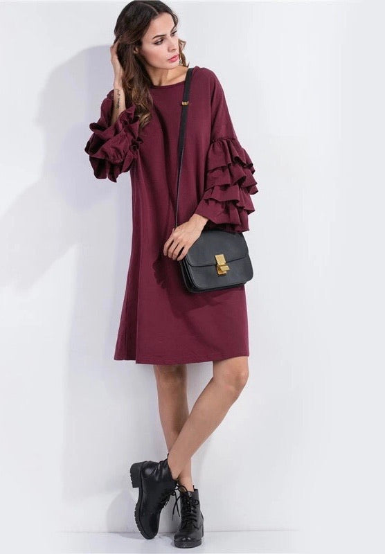 Wine Red Relax Fit Dress with Ruffles Sleeves