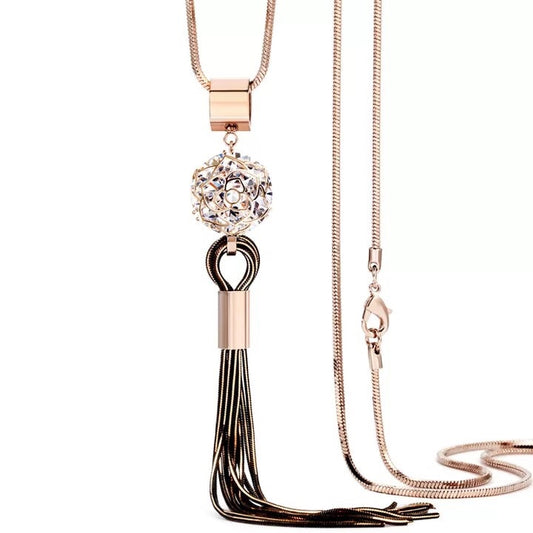 Long Chain Crystal Pendant Tassel Necklace