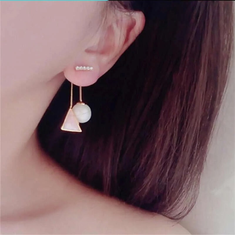 Korean Two Sided Pearl and Triangle Drop Rhinestone Earrings