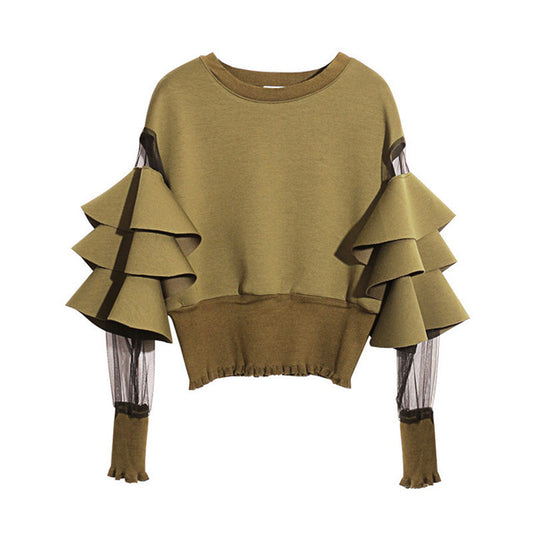 Round Neck Corp Pullover with Long Gauze Ruffles Sleeves