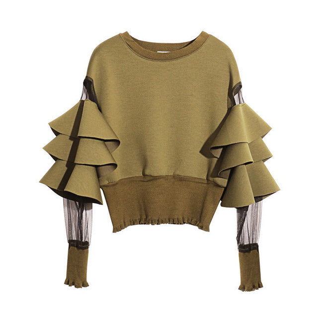 Round Neck Corp Pullover with Long Gauze Ruffles Sleeves