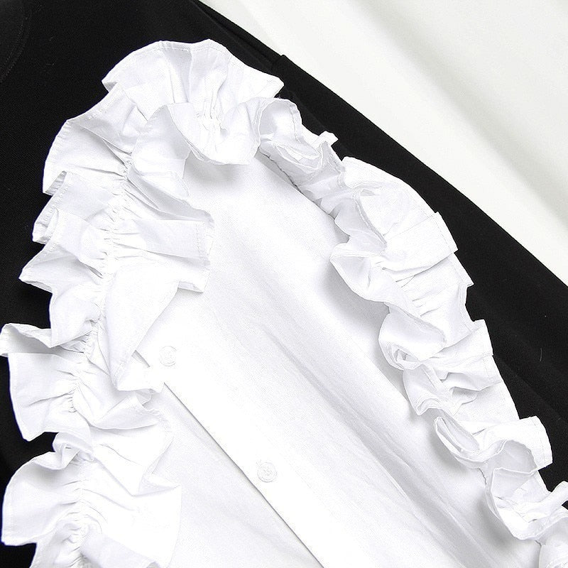 Black and White Loose Fit Ruffle Shirt Front Sweatshirt