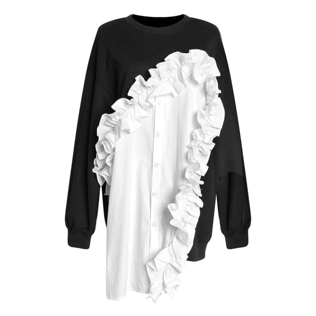 Black and White Loose Fit Ruffle Shirt Front Sweatshirt