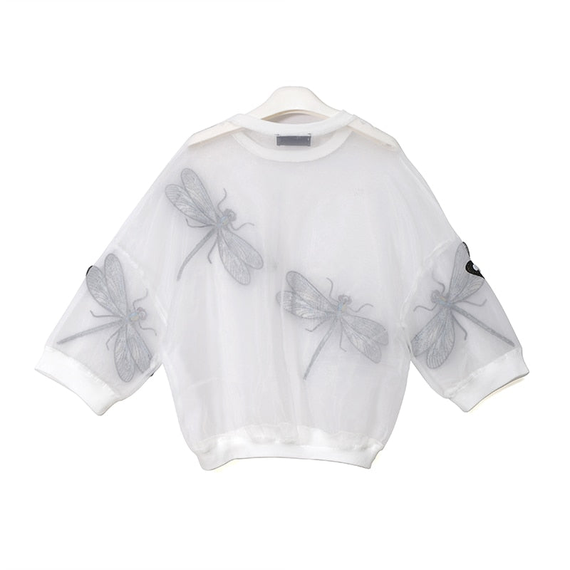 Sheer Mesh Top With Embellished Dragonflies