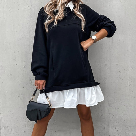 Relax Fit Sweat Dress with Polo Collar and Ruffles Hem