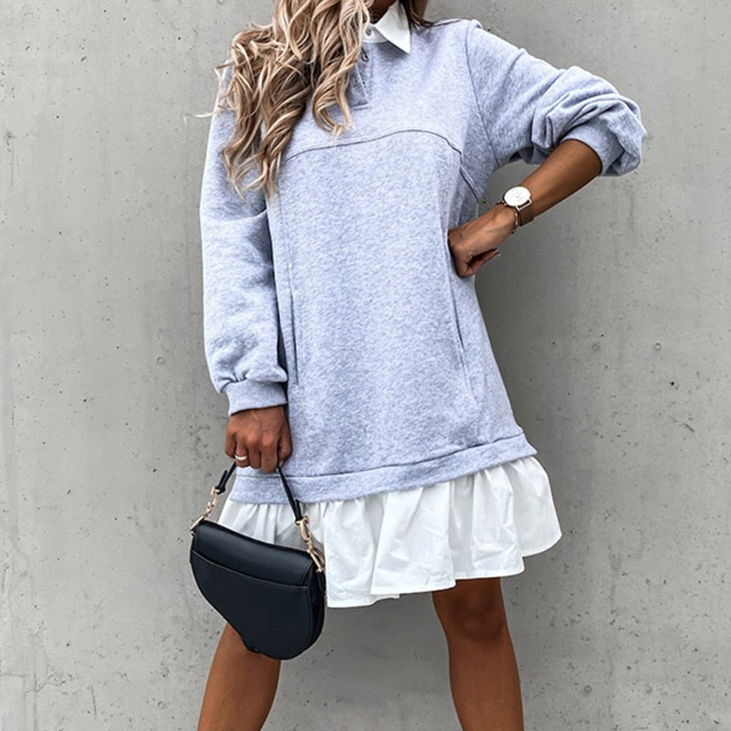 Relax Fit Sweat Dress with Polo Collar and Ruffles Hem