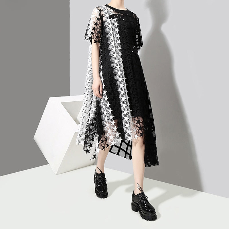 Black and White Unmatched Asymmetrical Mesh Dress