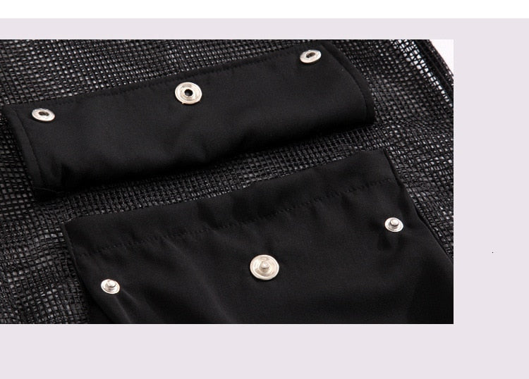 Stylish Black Crowl Neck Half Sleeve Big Pockets Mesh Top