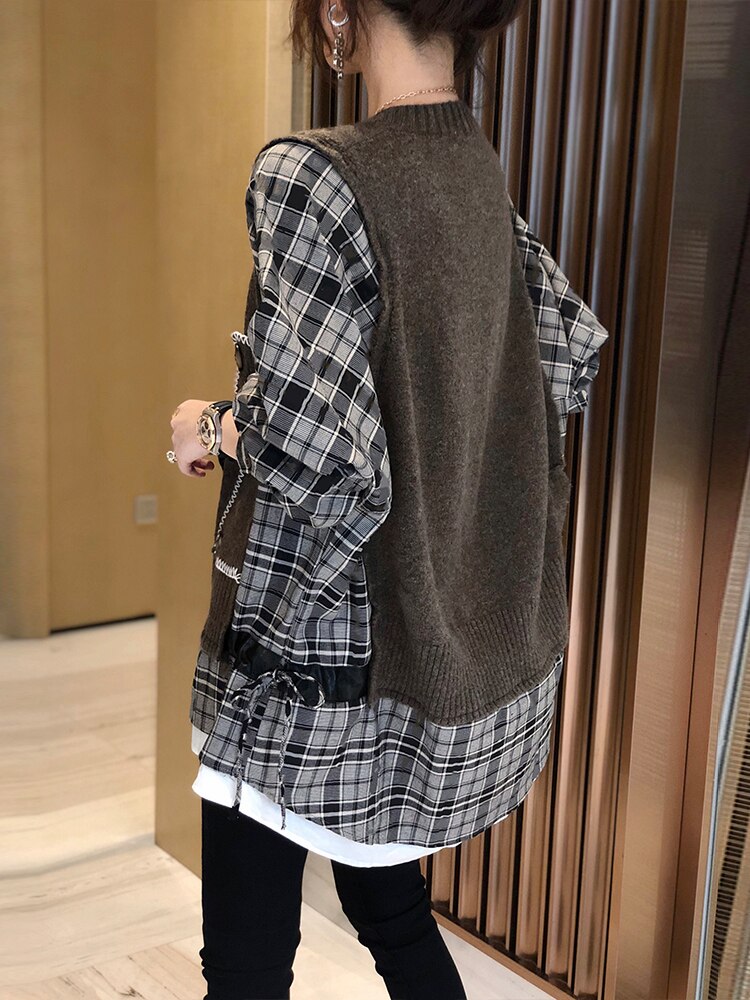 Korean Style Fake two-piece stitching plaid sweater
