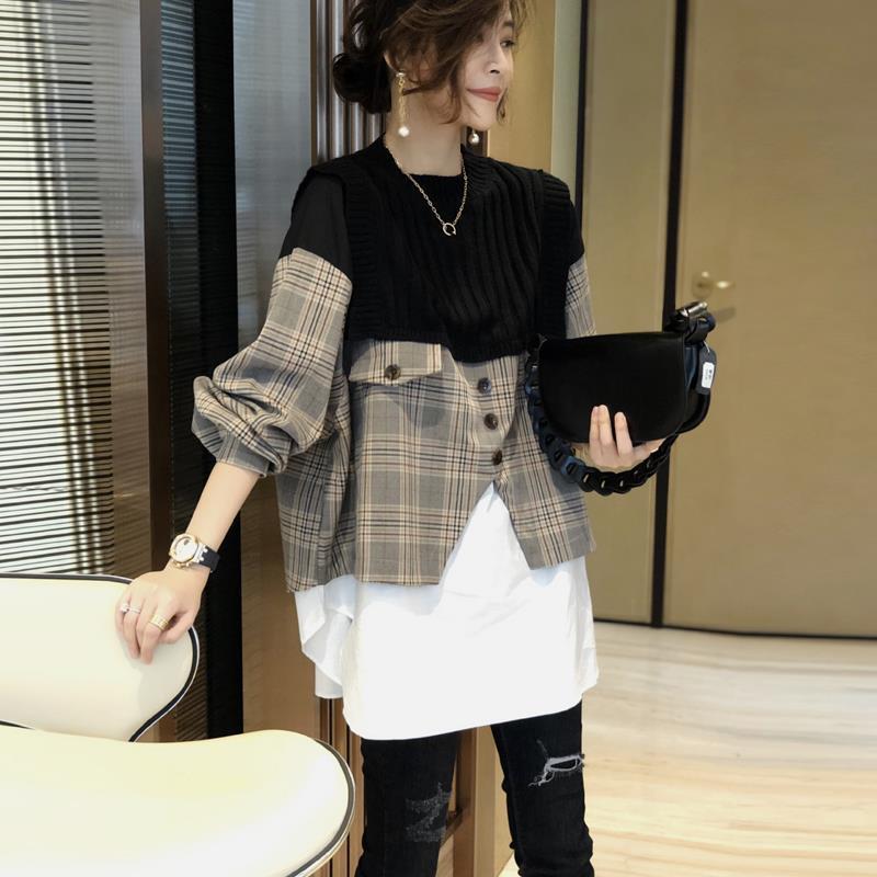 Oversize Fake Two Piece Plaid Pullover Top