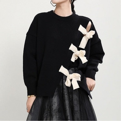 Korean Style Asymmetric Knit Top with Bow Tie Closure